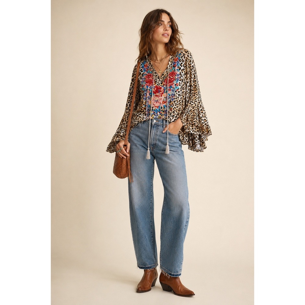 Impressions Embroidered Floral Leopard Boho Blouse Bell Sleeve Tie Front M‎